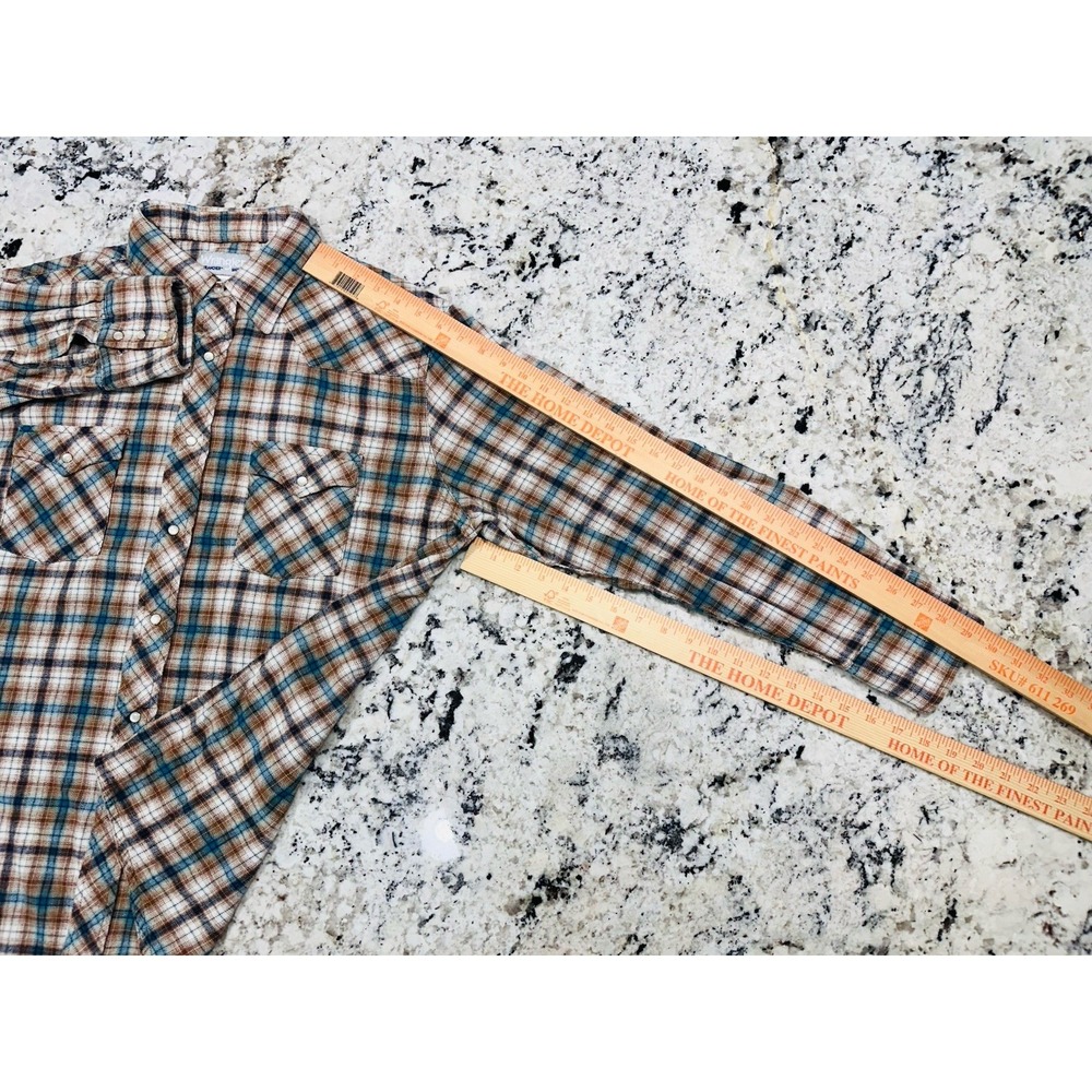 NWOT Wrangler Western Pearl Snap Flannel‎ Shirt Men's XL Brown Blue Plaid - Picture 5 of 11